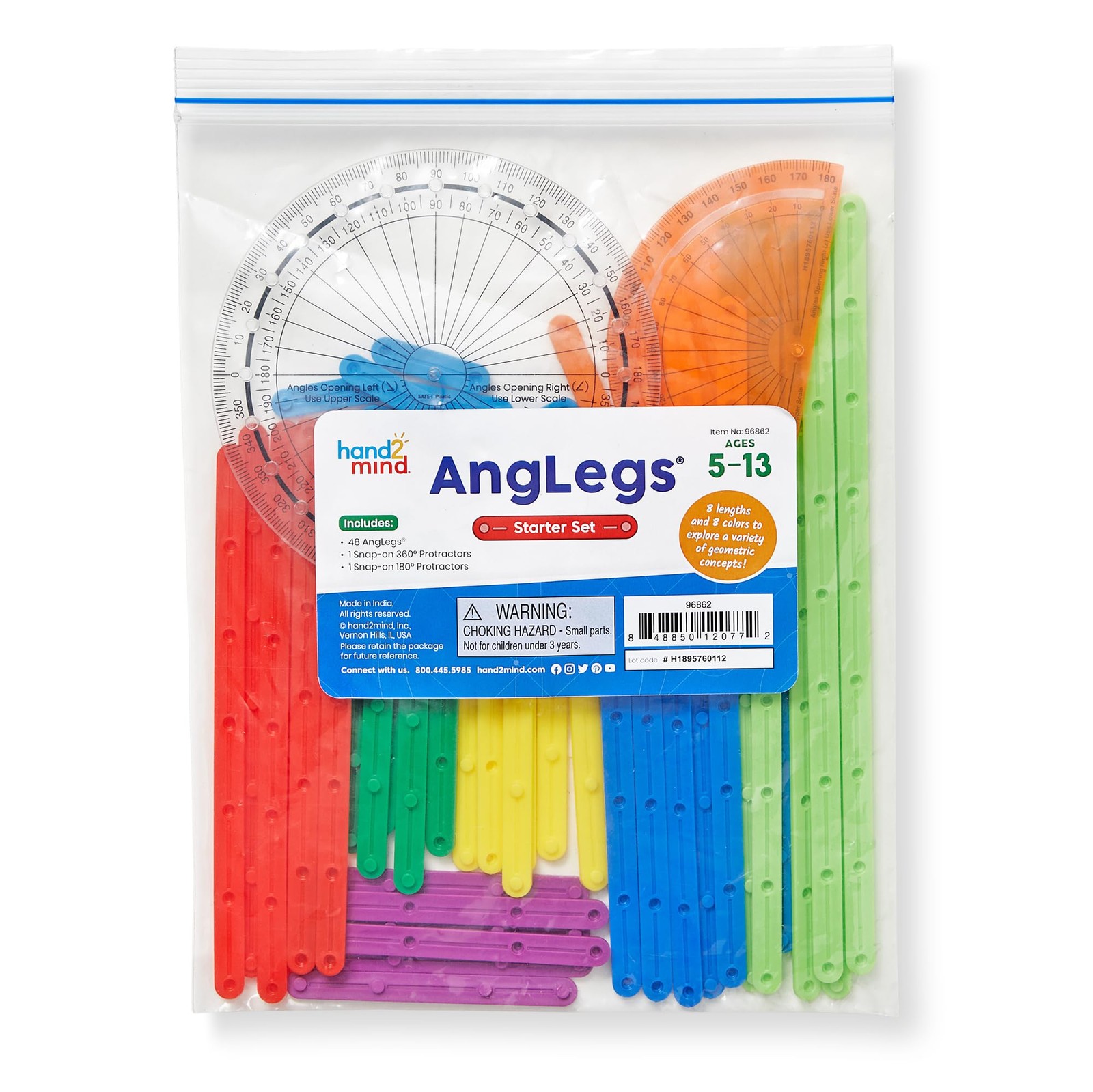 hand2mind AngLegs Starter Set with 2 Protractors, Geometry Multicolor