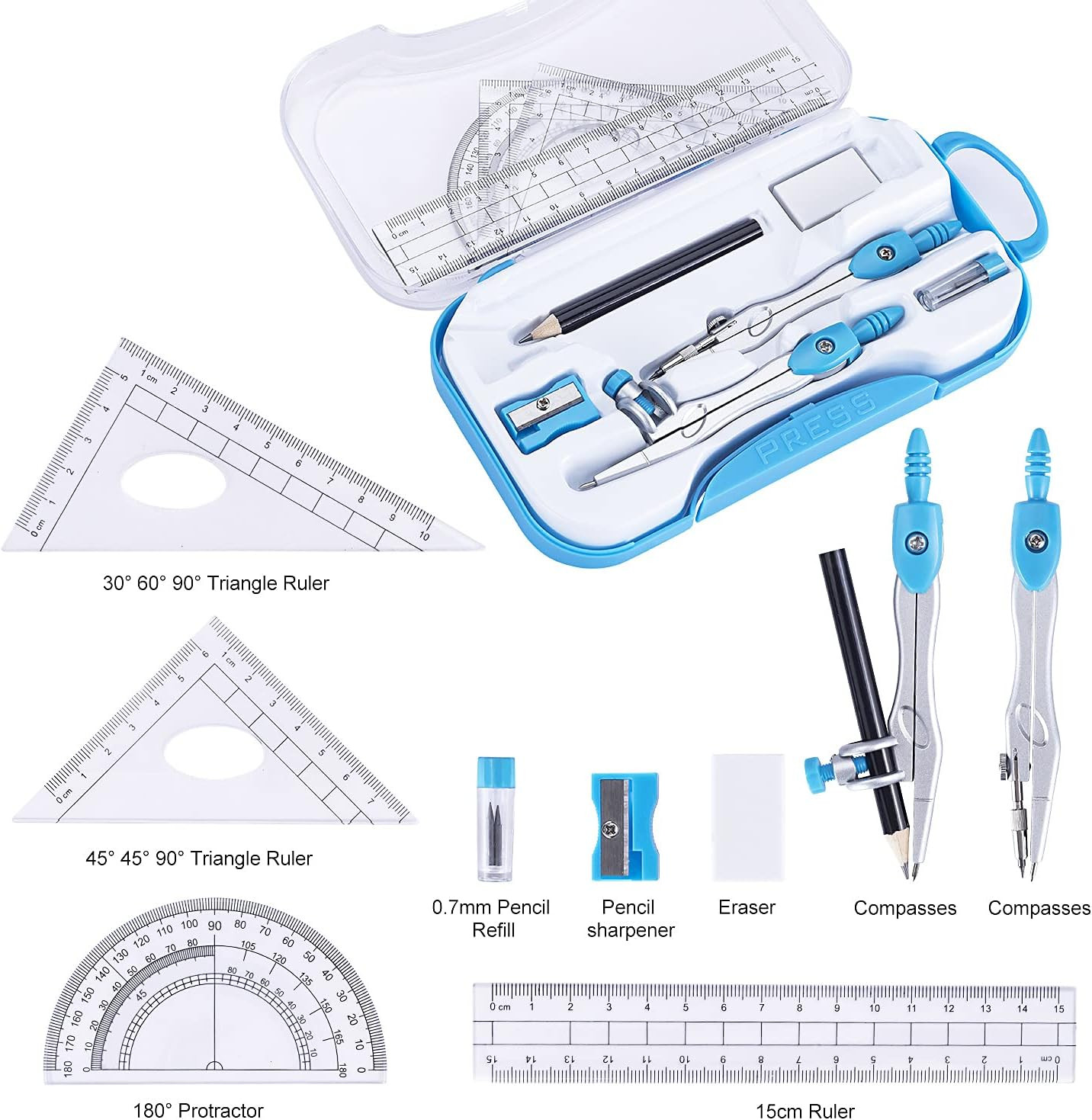Math Geometry Kit Set 10 Pieces with Shatterproof Storage Box, Student Supplies