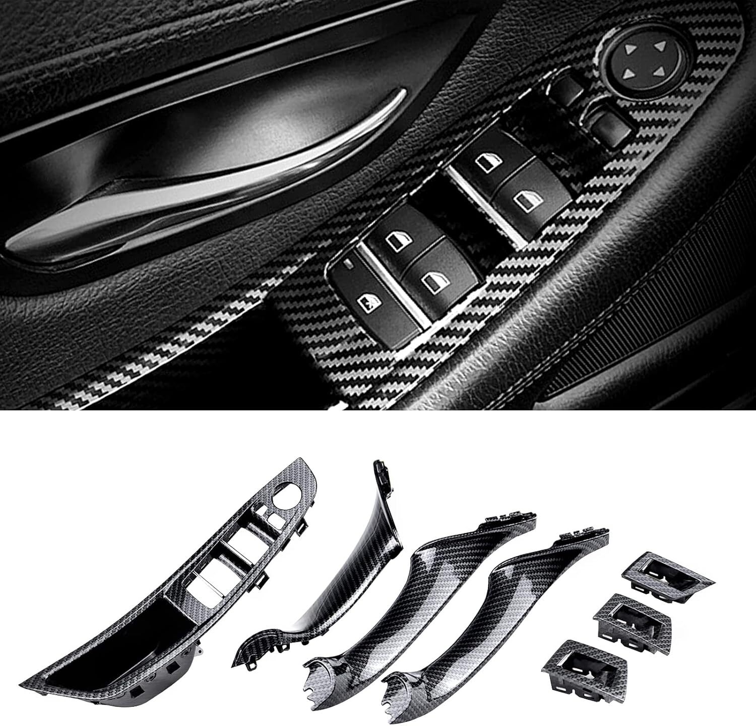 Carbon Fiber Window Switch Armrest Panel, Inner Door Pull Handle Trim Cover Kits