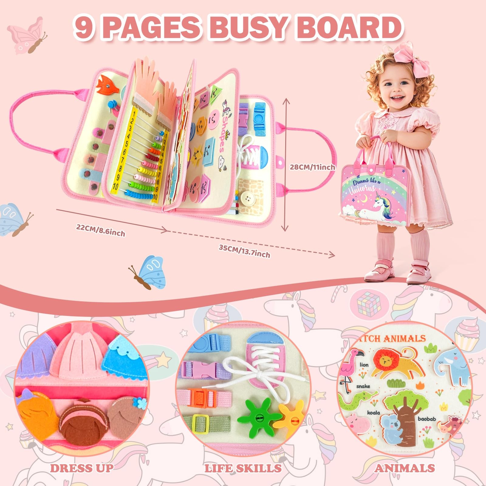 Aurasys Toddler Busy Board Montessori Toys for Girl Birthday Pink