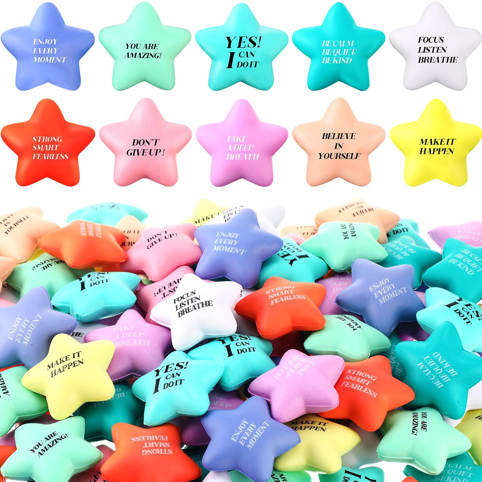 Sotiff 100 Pack Star Stress Balls – Motivational Quotes, Relief, Bulk, Mini