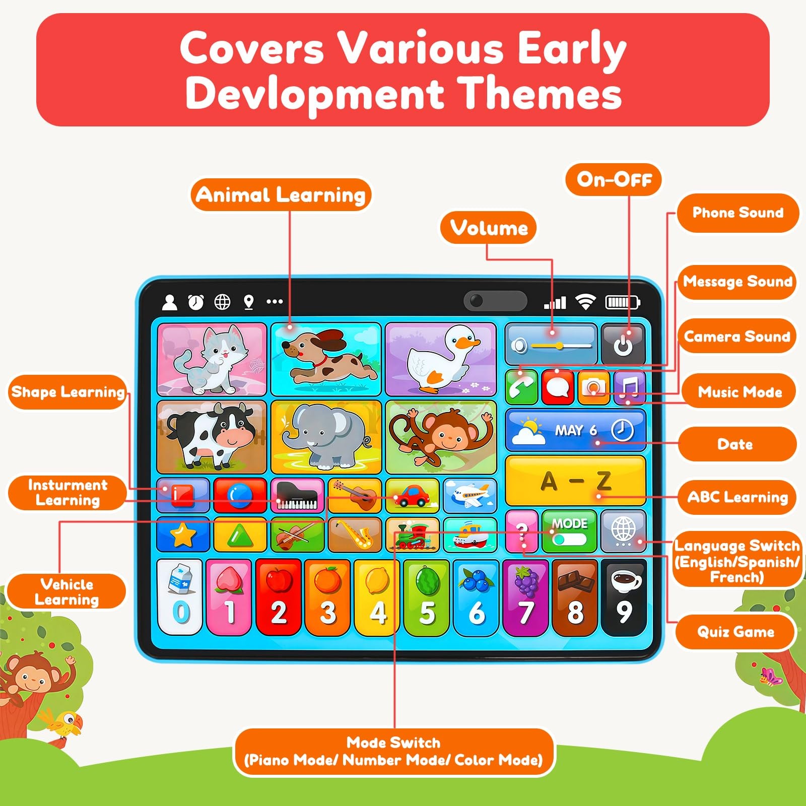 Trilingual Learning Toy Tablet with Music & Sound, Montessori Speech Musical …